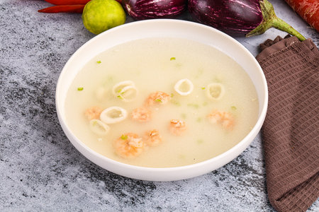 Light seafood soup with prawns and calamariの写真素材