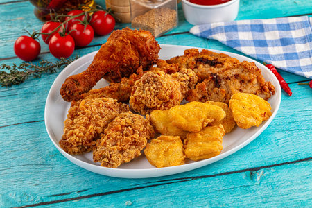 Golden crispy fried spicy chicken mix - wings, drumsticks, nuggets and stripsの写真素材