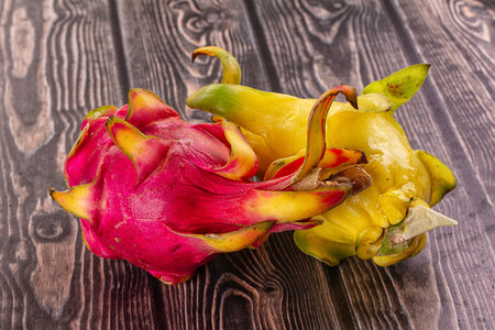 Sweet fresh red and yellow Dragon fruit pitahayaの写真素材
