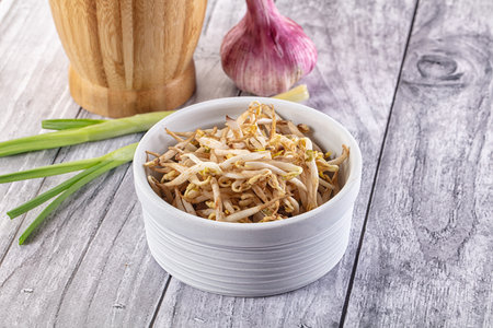 Raw vegetarian soybean sprouts heap in the bowlの写真素材