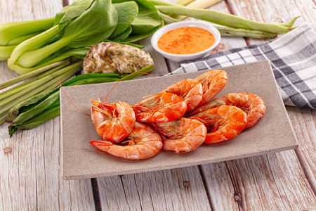 Delicous boiled tiger prawn with sauce for snackの写真素材