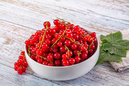 Raw ripe sweet juicy red currant served leaf