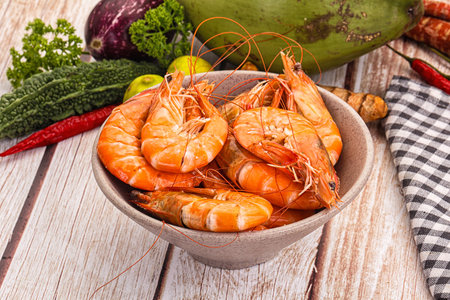 Tasty hot big boiled prawns in the bowlの写真素材