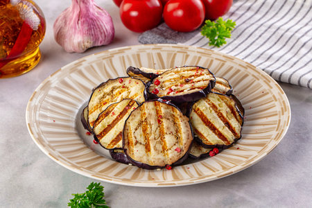 Tasty grilled eggplant round slices snackの写真素材