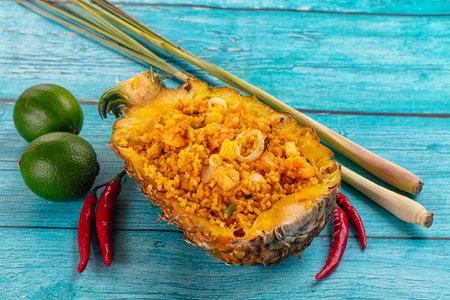 Seafood fried rice in pineapple half with prawn and squidの写真素材