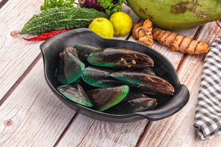 Raw fresh green wild mussels seafood for cooking