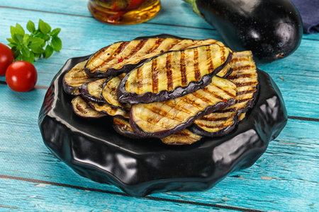 Grilled eggplant slices for snack appetizerの写真素材