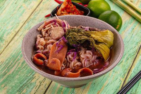 Korean kimchi beef noodles soup with meat and vegetablesの写真素材