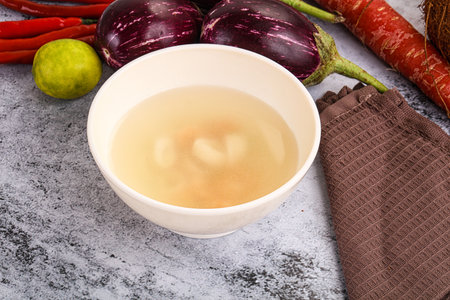 Light seafood soup with prawnsの写真素材