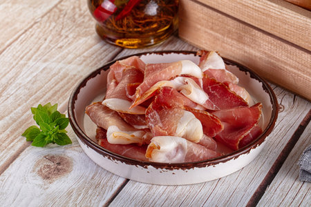 Cured parma dry pork meat snack slicesの写真素材