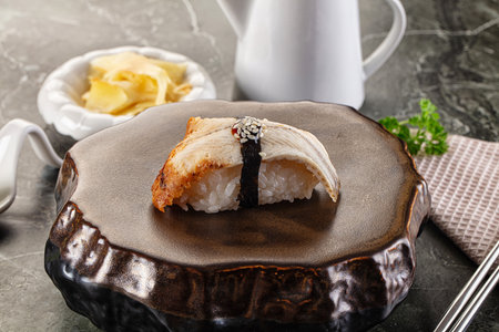 Japanese cuisine - sushi with eel served gingerの写真素材
