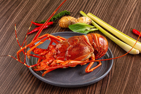 Delicious expensive Steamed wild omar lobsterの写真素材
