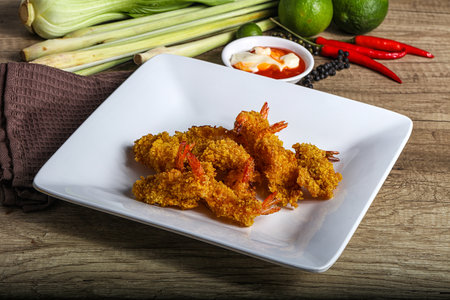 Golden deep prawn tempura wuth sauce snackの写真素材