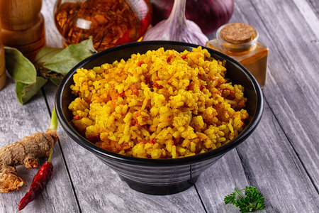 Indian aroma yellow curry rice with tumericの写真素材