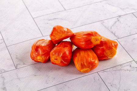 Red sweet juicy tropical red jackfruit segment heapの写真素材