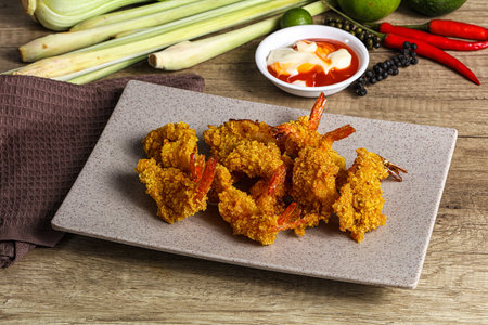 Golden deep prawn tempura wuth sauce snackの写真素材
