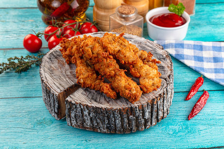 Golden crispy fried spicy chicken stripsの写真素材