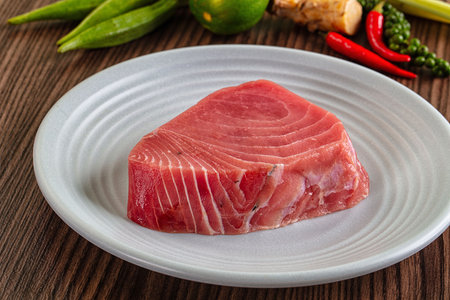 Raw fresh uncooked red tuna steak filletの写真素材