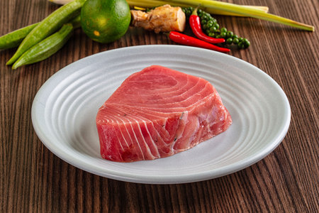 Raw fresh uncooked red tuna steak filletの写真素材