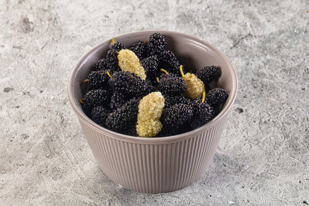 Ripe sweet juicy black and white mullberry in th the bowlの写真素材