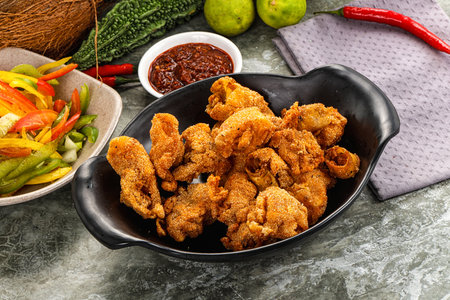 Golden crispy Breaded calamari snack appetizerの写真素材