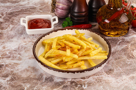 Golden French fries potato with sauce