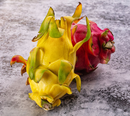 Sweet fresh red and yellow Dragon fruit pitahayaの写真素材