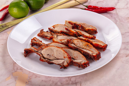 Roasted gourmet duck fillet slices for snackの写真素材