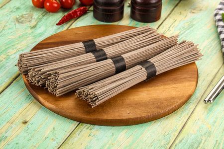 Raw dry bukwheat soba noodles for cooking