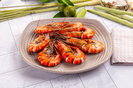 Hot boiled big tiger prawn jumboの写真素材