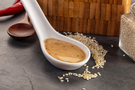 Asian sesame sauce dip with seeds for saladの写真素材