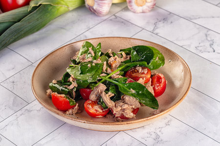 Salad with canned tuna, chtrry tomatoes and spinachの写真素材