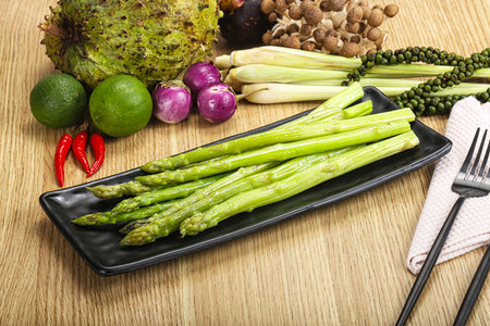 Dietary cuisine - boiled aspargus stem with olive oilの写真素材