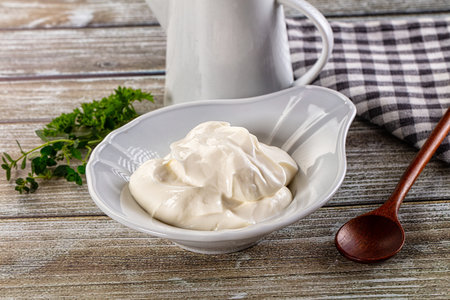 White organic natural cream sour in the bowlの写真素材