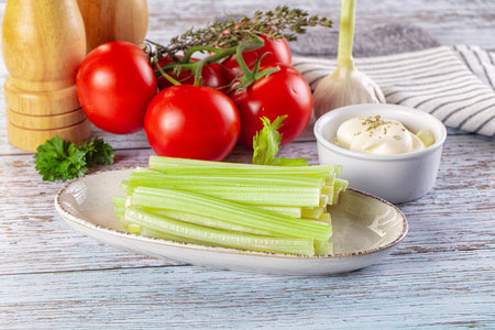 Vegan cuisine Dietary green celery stick heap snackの写真素材