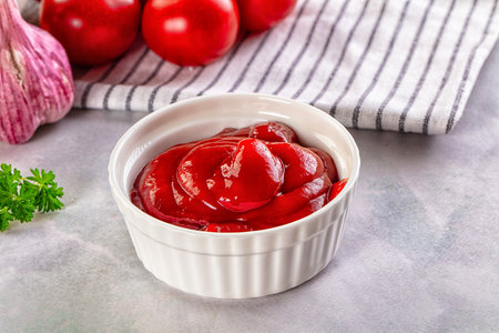 Red spicy tasty tomato ketchup in the bowlの写真素材