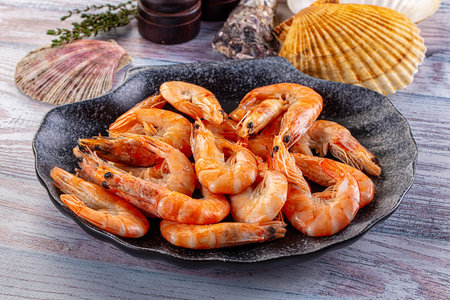 Boiled tiger prawn snack appetizer in the boilの写真素材