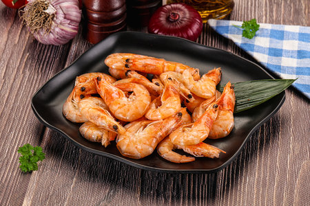 Steamed red prawn with spices in the plateの写真素材