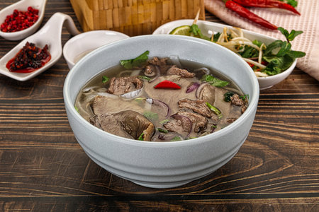 Vietnamese Pho Bo soup with beef, noodles, cilantro and spices