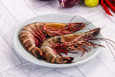 Raw fresh Jumbo king tiger prawnsの写真素材