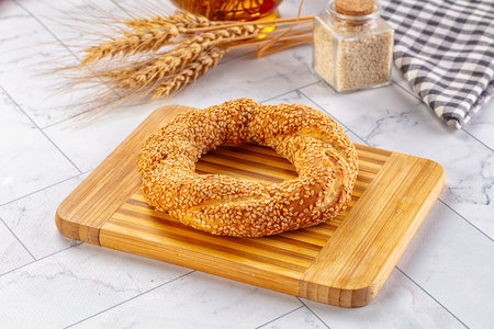 Traditional Turkish Simit circle with sesame seeds for breakfast
