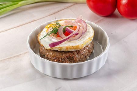 Beefsteak chop minced meat with roasted egg