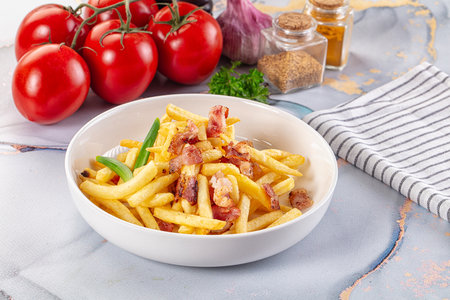 French fried potato with roasted bacon