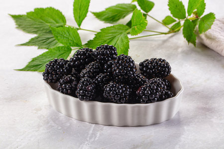 Raw sweet juicy blackberry in the bowl served leaves