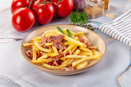 French fried potato with roasted bacon