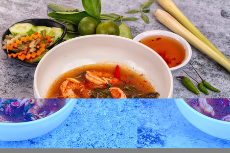 Asian sour spicy soup with prawn and herbs