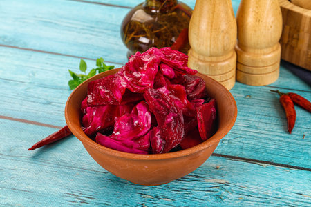 Homemade pickled red cabbage sauerkraut appetizerの写真素材