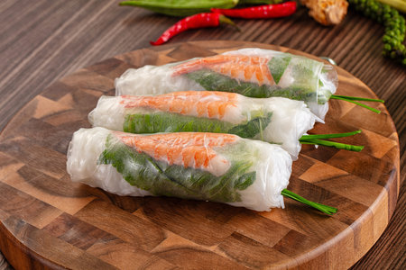 Vietnamese spring roll with prawn and vegetables in the rice paper