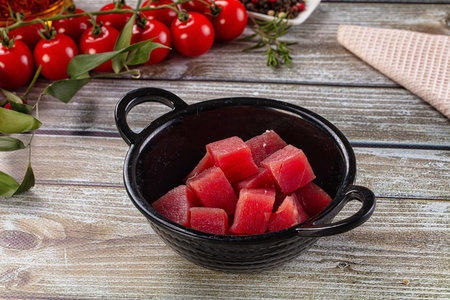 Raw tuna fish cubes heap for pokeの写真素材