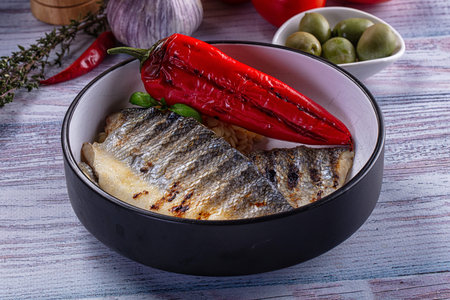 Grilled seabass fish fillet with ptitim